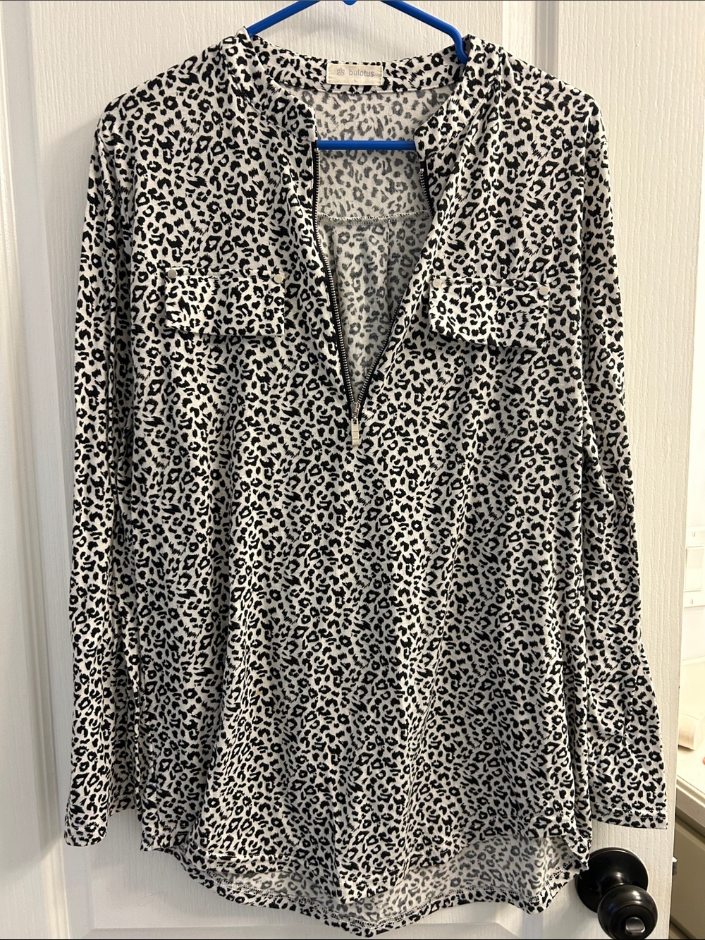 Leopard Print Long Sleeve Henley Blouse - Black & White